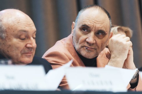 2009 год. Алексей Козлов и Михаил Жванецкий в культурном центре УПДК МИД РФ на пресс-конференции, посвященной объявлению лауреатов премии "Триумф-2009".