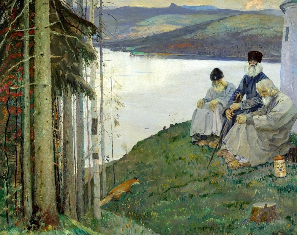 Сюжет картины "Три старца" Михаил Нестеров увидел в 1901 г., наблюдая за монахами Спасо-Преображенского монастыря на Соловках.