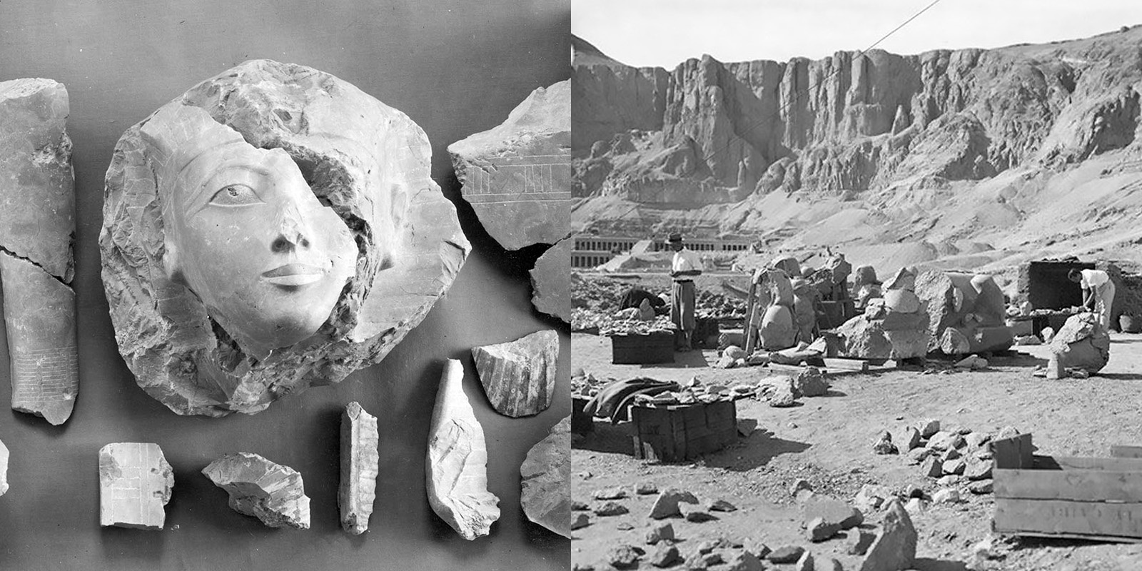 Именно эти фото, сделанные во время экспедиции 1929 года, заставили ученых пересмотреть взгляд на древнюю трагедию. На фото:  фрагменты разбитой статуи Хатшепсут и  сборка фрагментов ее статуи.