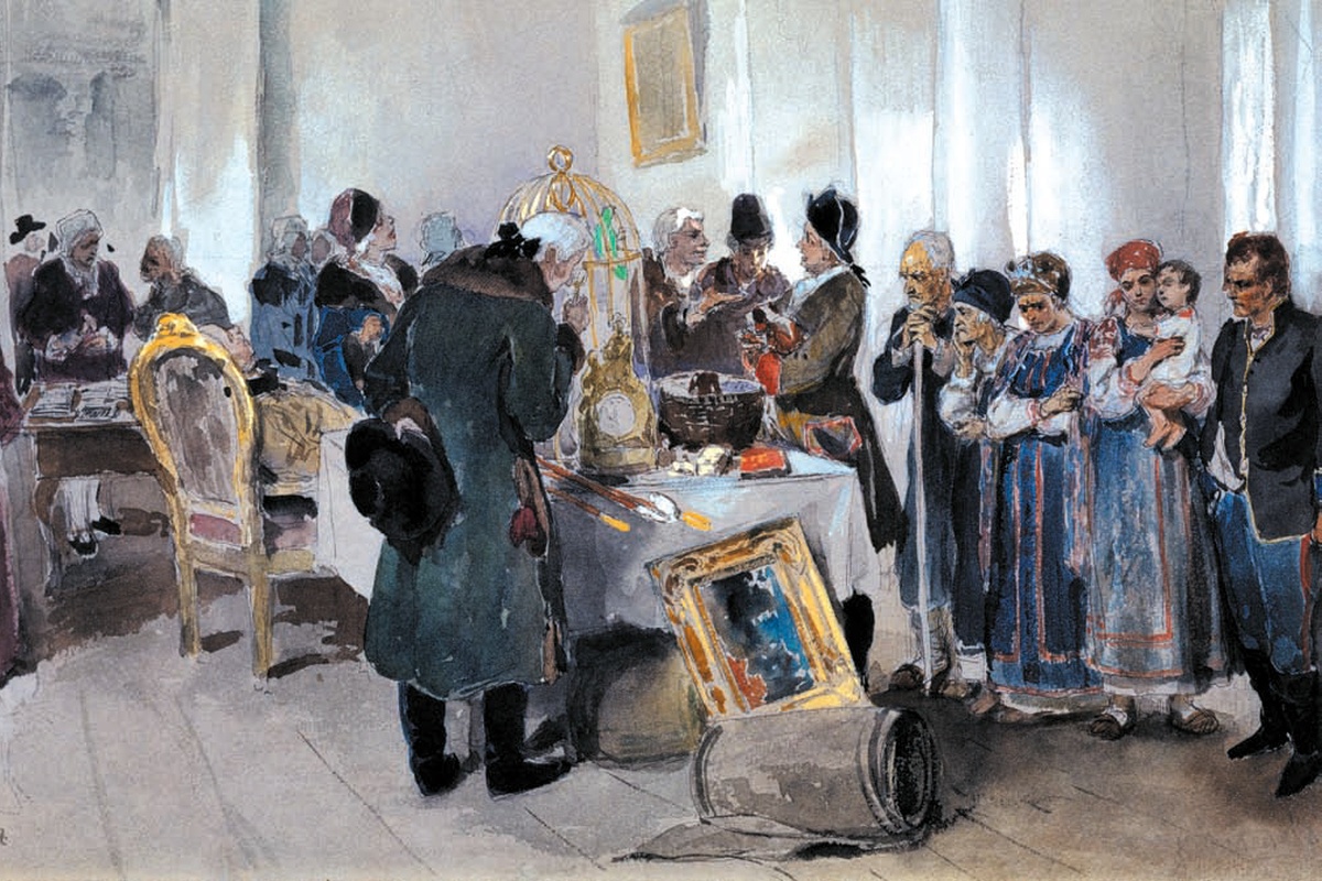 К. Лебедев. Продажа крепостных. Эскиз картины. 1910 г. По этой картине гимназистам начала XX века рассказывали об ужасах крепостного права, когда крестьян далеко не всегда продавали семьями, нередко разделяя родителей и детей при продаже. Годовой оброк крепостного составлял от 5 до 15 рублей серебром, а взрослый
работник продавался рублей за 150, однако цена хорошего повара нередко зашкаливала за 1000 целковых. К. Лебедев. Продажа крепостных. Эскиз картины. 1910 г. По этой картине гимназистам начала XX века рассказывали об ужасах крепостного права, когда крестьян далеко не всегда продавали семьями, нередко разделяя родителей и детей при продаже. Годовой оброк крепостного составлял от 5 до 15 рублей серебром, а взрослый
работник продавался рублей за 150, однако цена хорошего повара нередко зашкаливала за 1000 целковых.
