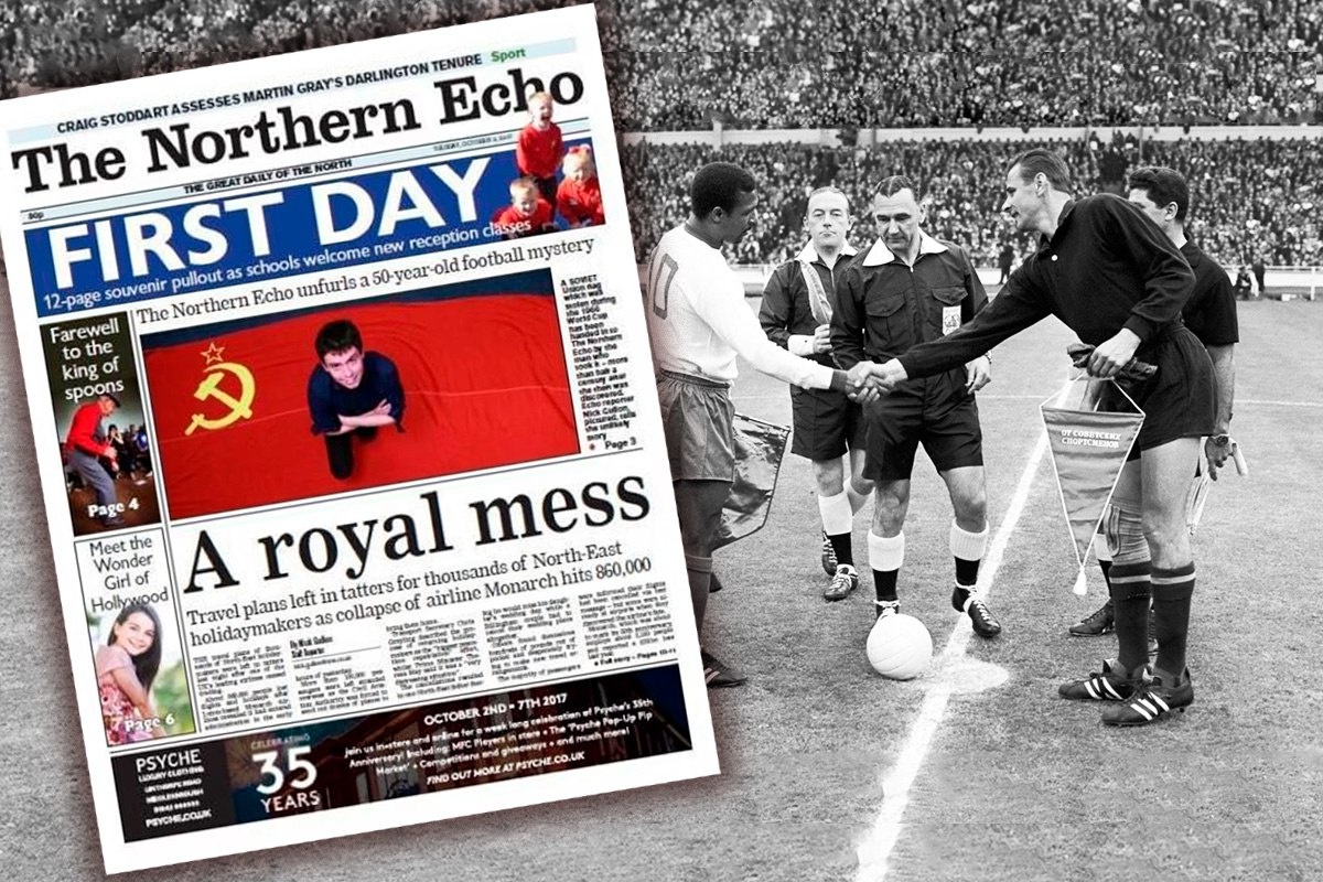Та самая обложка The Northern Echo с флагом СССР, который принес в редакцию похититель. Та самая обложка The Northern Echo с флагом СССР, который принес в редакцию похититель.