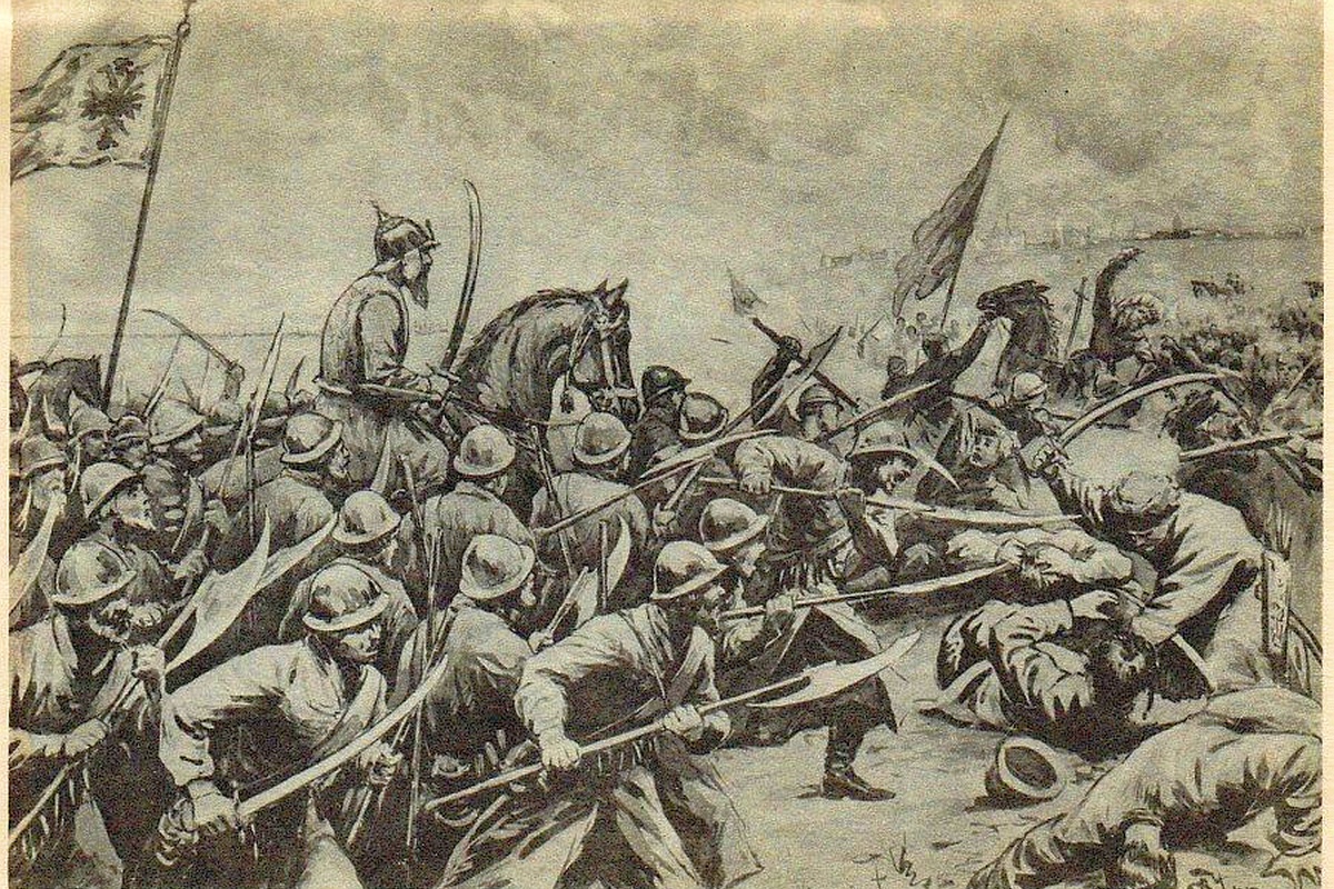 На рисунке князь Барятинский разбивает войска Разина под Симбирском в 1670-м. Обороной крепости Симбирск  в этот период руководил воевода Иван Милославский.