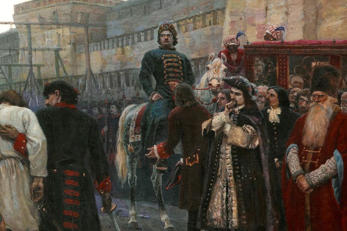 В. И. Суриков. Утро стрелецкой казни. Фрагмент. Среди персонажей картины художник изобразил генерал- лейтенанта Гордона. Еще в 1689 году генерал во главе Бутырского полка перешел от царевны Софьи Алексеевны на сторону царя Петра I, а в 1698 году подавил восстание стрельцов. Справа, за спиной Гордона, Суриков нарисовал самого себя. - С. Э. В. И. Суриков. Утро стрелецкой казни. Фрагмент. Среди персонажей картины художник изобразил генерал- лейтенанта Гордона. Еще в 1689 году генерал во главе Бутырского полка перешел от царевны Софьи Алексеевны на сторону царя Петра I, а в 1698 году подавил восстание стрельцов. Справа, за спиной Гордона, Суриков нарисовал самого себя. - С. Э.