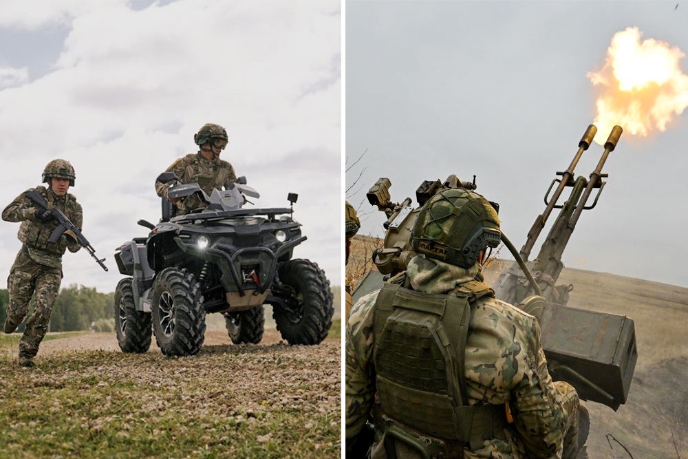 Квадроциклы наравне с багги и кроссовыми мотоциклами стали основными видами техники для прорыва, штурмов и вторжения на вражеские позиции. Бронетехника в современных условиях ведения боевых действий потеряла такую роль. Дроны просто не позволяют танкам и бронетранспортерам приблизиться к своим позициям. Когда же эти дроны прилетают к нам, российские бойцы уничтожают их всеми возможными способами. В том числе с помощью мобильных зенитных установок ЗУ-23 (на фото справа) и противодроновых ружей.