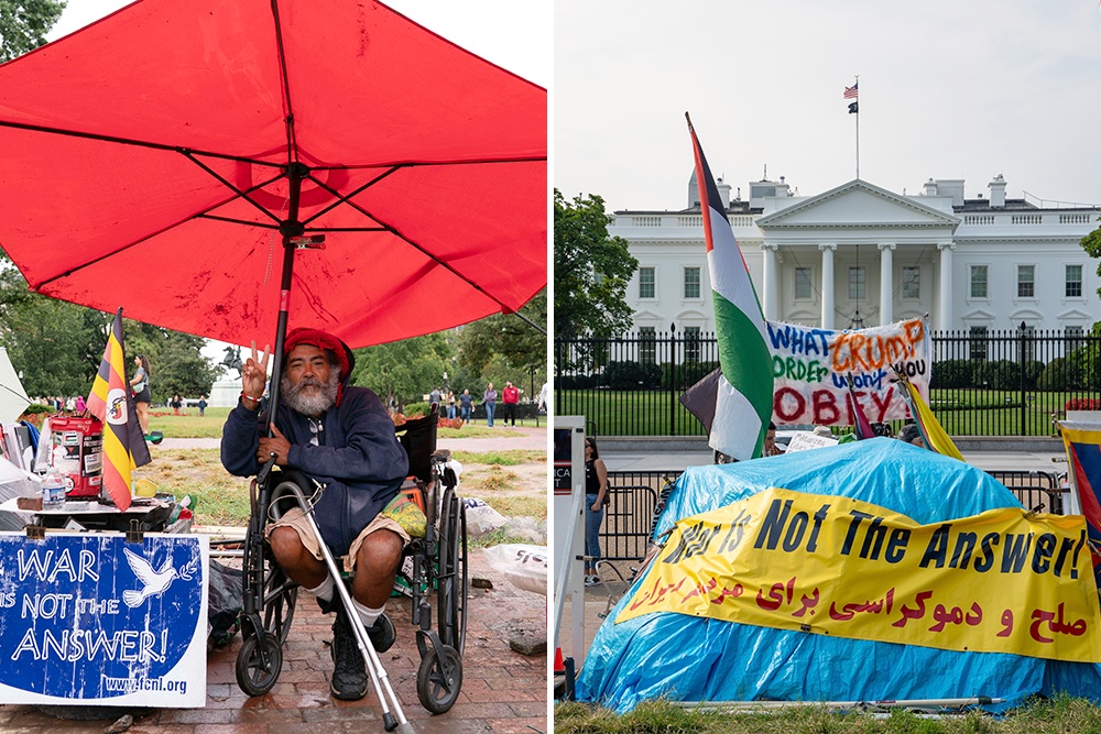 63-летний Филипос Мелаку-Белло - старейший распорядитель "Бдения". И штаб-квартира движения под синим тентом, который распорядился отнять Трамп. Тот якобы представлял опасность для посетителей Белого дома.