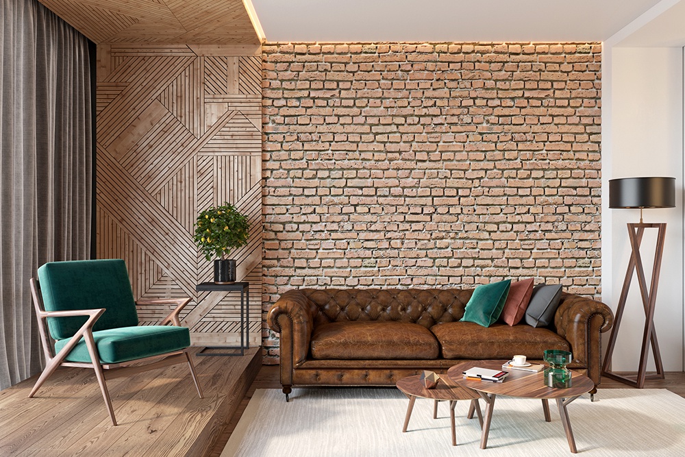 Лофт характеризуется промышленными элементами, необработанными материалами (кирпич, бетон) и массивной мебелью в открытом пространстве.