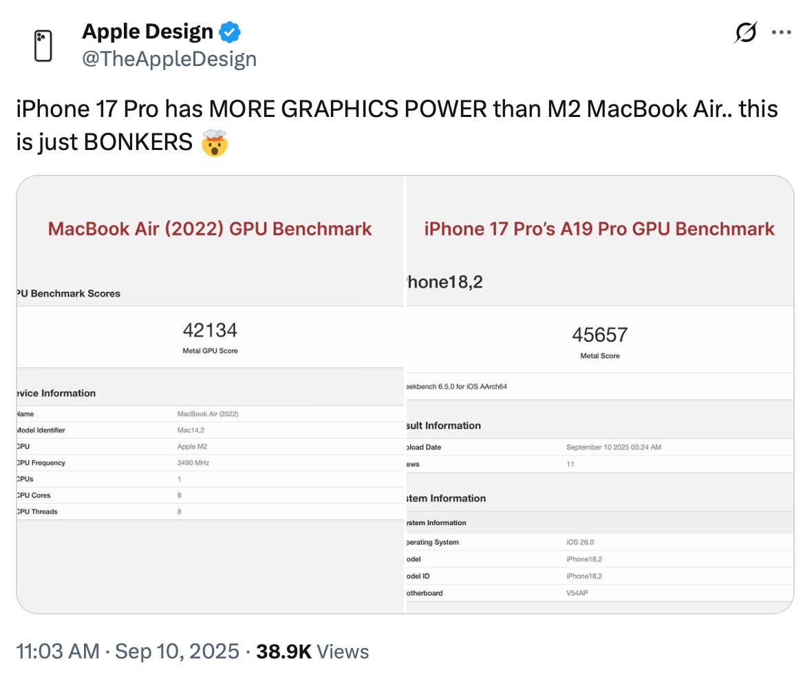 iPhone 17 Pro оказался быстрее новейшего MacBook Pro с Apple M4: производительность SoC A19 Pro заметно выше, чем у A18 Pro