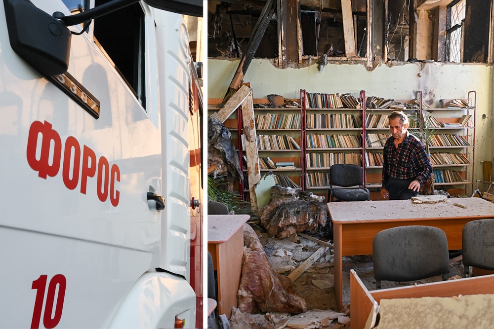 В библиотеке форосской школы от удара беспилотника обвалился потолок и стены, сломаны столы и книжные стеллажи.