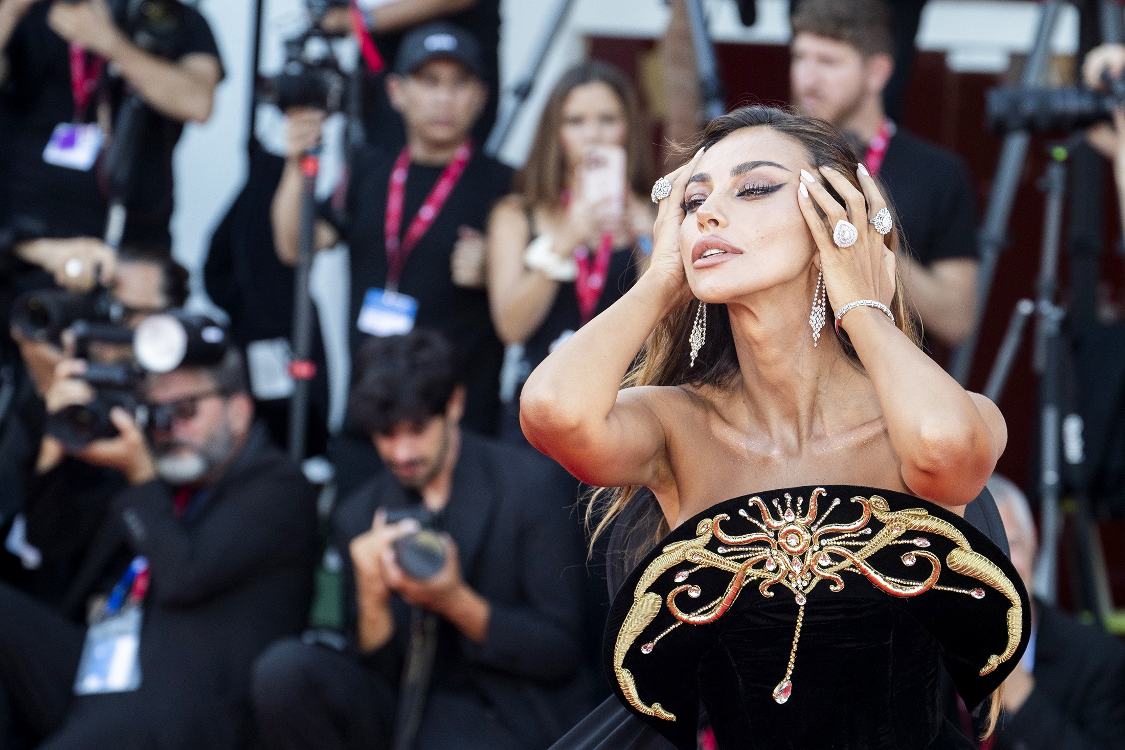 Мадалина Генеа предстала на красной дорожке в бархатном платье с золотой вышивкой и камнями.