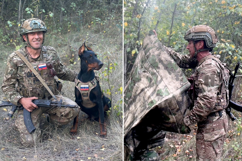 Боец с позывным Маэстро (до участия в СВО руководил музыкальным коллективом) через 30 лет попал в тот же полк, где служил в молодости. Правда, раньше у него не было такого классного четвероногого сослуживца. Выполнять боевые задачи, по его словам, штурмовикам очень помогают антидроновые пончо (фото справа). 
