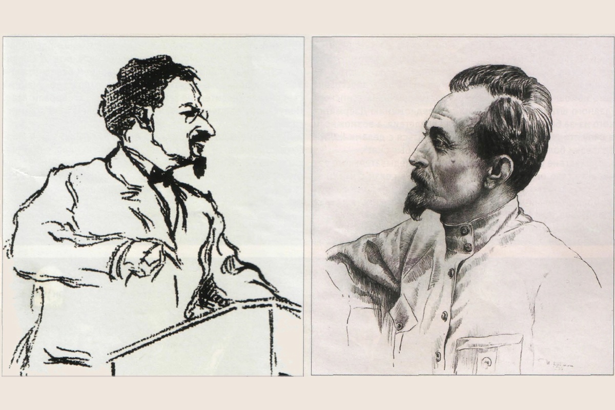 Л. Д. Троцкий (рисунок Ю. К. Арцыбушева) и Ф. Э. Дзержинский.