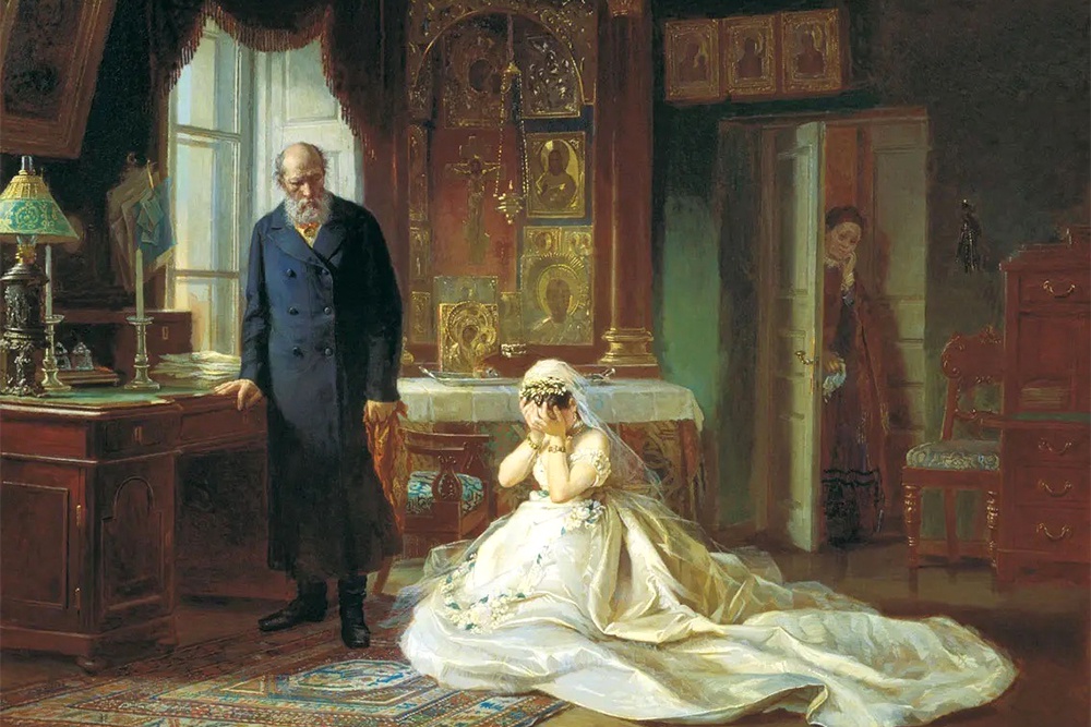 Трагические коллизии возникали, если девушку выдавали замуж против ее воли. "Перед венцом". Ф. С. Журавлев.