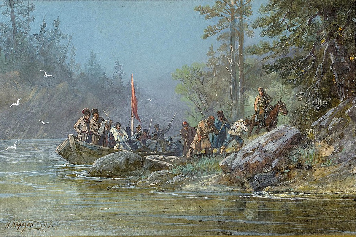 XVII столетие, сибирские казаки "проведывают новые земли". Картина из исторического цикла Николая Каразина (1870-е годы). XVII столетие, сибирские казаки "проведывают новые земли". Картина из исторического цикла Николая Каразина (1870-е годы).