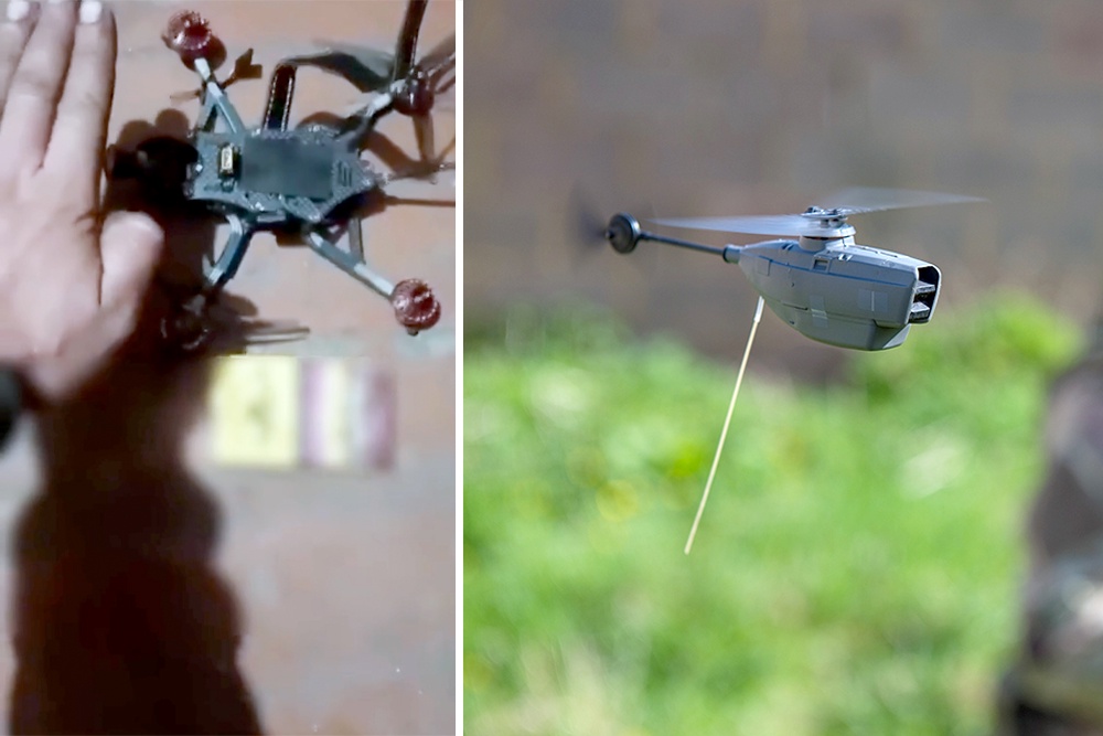 Наши бойцы обезвредили в зоне СВО такой микродрон (слева на фото). Он был начинен малым зарядом взрывчатки. Самый известный микродрон в мире - норвежский Black Hornet (фото справа). Он предназначен для разведки.