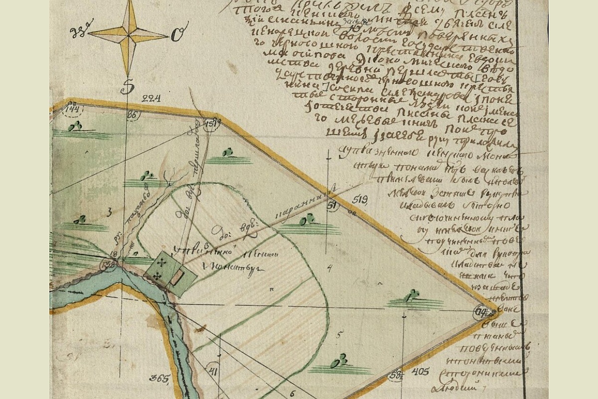 На карте из 1783-го:  "пашни, сеннаго покосу, лесу, под поселением, огородами, гуменниками и коноплянниками, под церквою и кладбищемъ, под проселочными дорогами, под полурекою Кеною, ручьемъ и полуручьемъ".