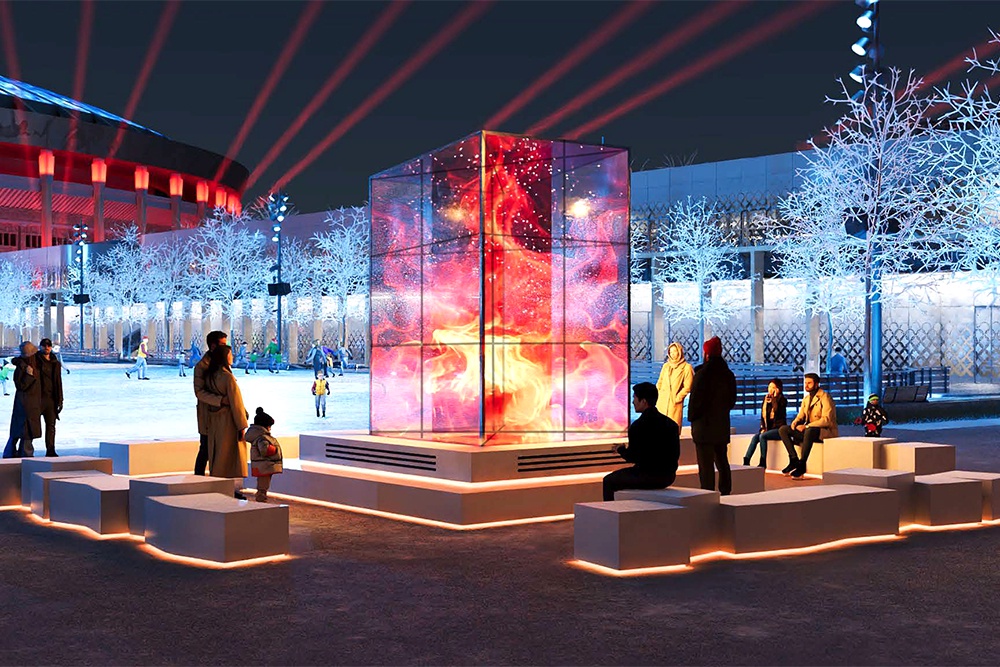 Каток в "Лужниках" украсит яркая подсветка и современная инсталляция "Куб энергии".