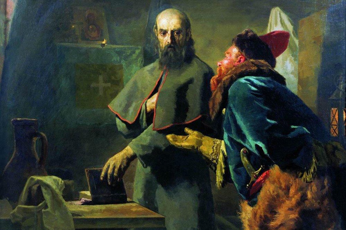 Н. В. Неврев. Последние минуты митрополита Филиппа. (Митрополит Филипп и Малюта Скуратов.) 1898 г. Н. В. Неврев. Последние минуты митрополита Филиппа. (Митрополит Филипп и Малюта Скуратов.) 1898 г.