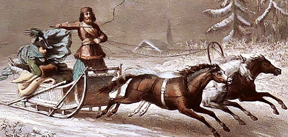 Поездка на санях. Иллюстрация из книги. Поездка на санях. Иллюстрация из книги.