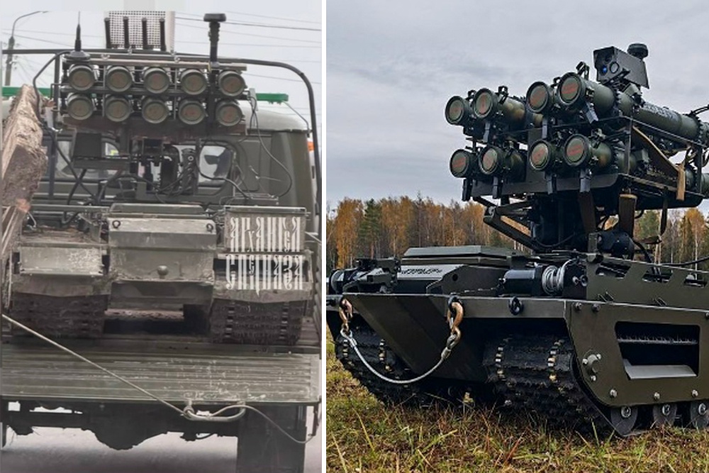 Вот такой вот аппарат движется на линию боевого соприкосновения. И он очень не понравится врагам России. На кадре - "Боевой модуль реактивного оружия одноразового применения" на базе наземного роботизированного комплекса. По сути это "мини-Солнцепек". В нем используется пусковая для одноразовых реактивных боеприпасов типа "Шмель". Это новая разработка знакомого нам НРТК "Курьер", который таким образом уже приступил к опытной апробации новинки в зоне спецоперации.