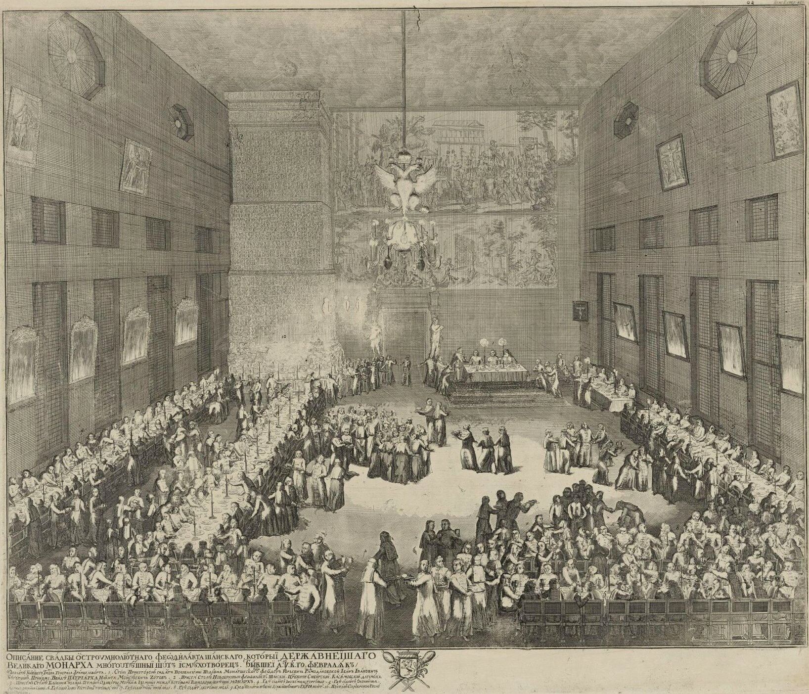 А. Шхонебек. Свадьба Филата Шанского. Во главе отдельного небольшого стола, стоящего на возвышении, - Пётр I. 1702 г. А. Шхонебек. Свадьба Филата Шанского. Во главе отдельного небольшого стола, стоящего на возвышении, - Пётр I. 1702 г.