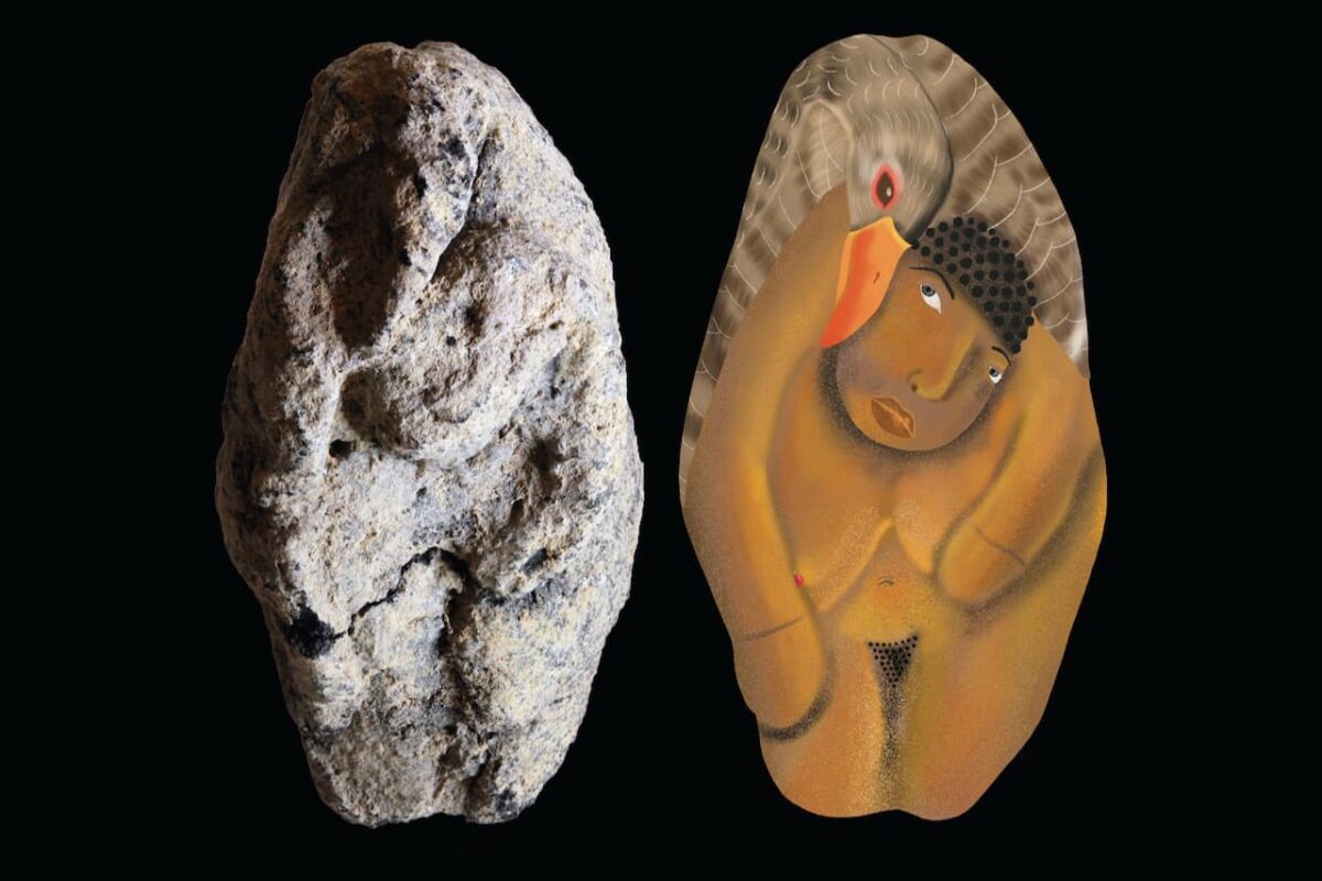 Сцена изображает женщину в согнутой позе, на спине которой сидит гусь. На фото: оригинал сегодня и реконструкция изначального внешнего вида скульптуры.