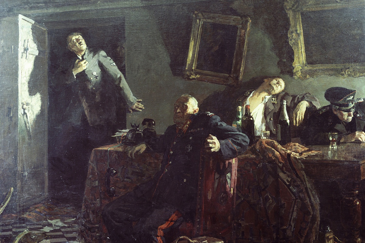 Состояние фюрера и его приближенных накануне разгрома как нельзя лучше показывает  картина Кукриниксов "Конец".