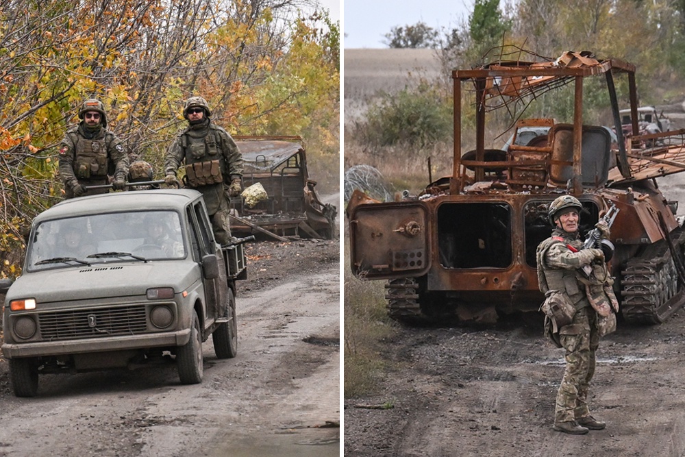 Так сегодня выглядят фронтовые дороги, ведущие к Красноармейску (украинское название Покровск). Этот крупный город в ДНР окружен российскими войсками, бои ведутся на его улицах. У внедорожника "Нива" (фото слева) предусмотрительно сняты двери, кузов сделан открытым. Это необходимо, чтобы бойцы могли быстро спрыгнуть с машины при атаке дрона. Самые опасные участки дорог охраняются стрелками (фото справа). Эти бойцы постоянно мониторят небо и готовы выпустить обойму при приближении "птички".