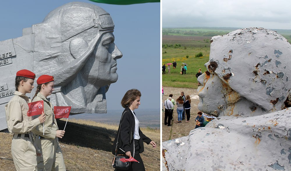 Мемориал на кургане Саур-Могила получил серьезные повреждения в ходе боев в 2014 году (фото справа), но был полностью восстановлен летом 2022-го.