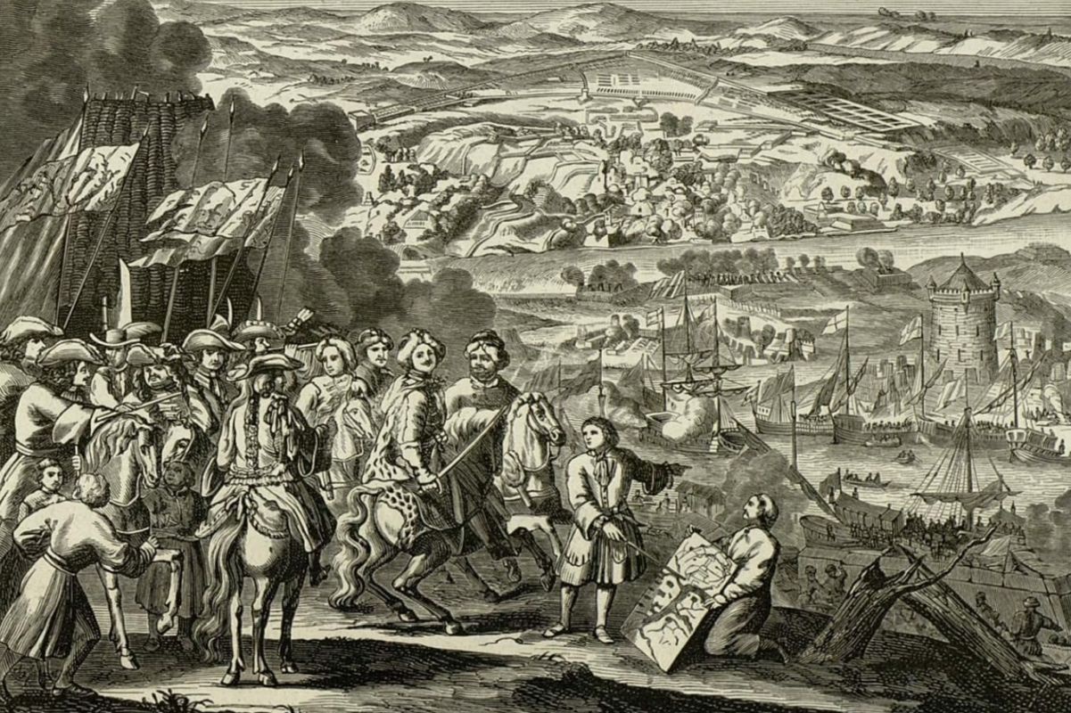 Штурм города Азова 18 июля 1696 года.  С гравюры Адриана Шонебека, рисунок на дереве П. Ф. Борель, гравюра К. Вейермана. 