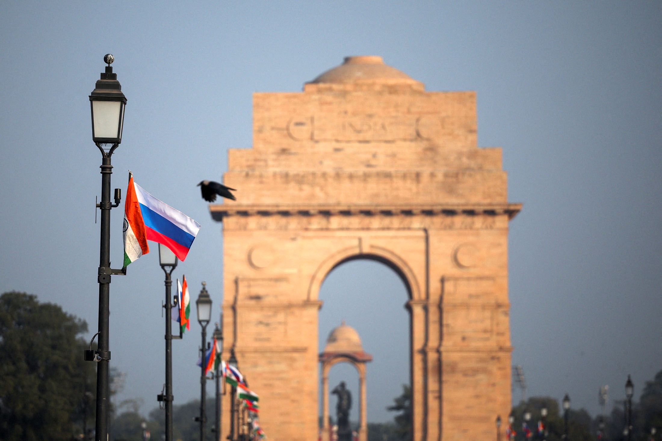 В Нью-Дели к приезду президента России на фонарных столбах у&nbsp;Ворот Индии установили флаги двух стран.