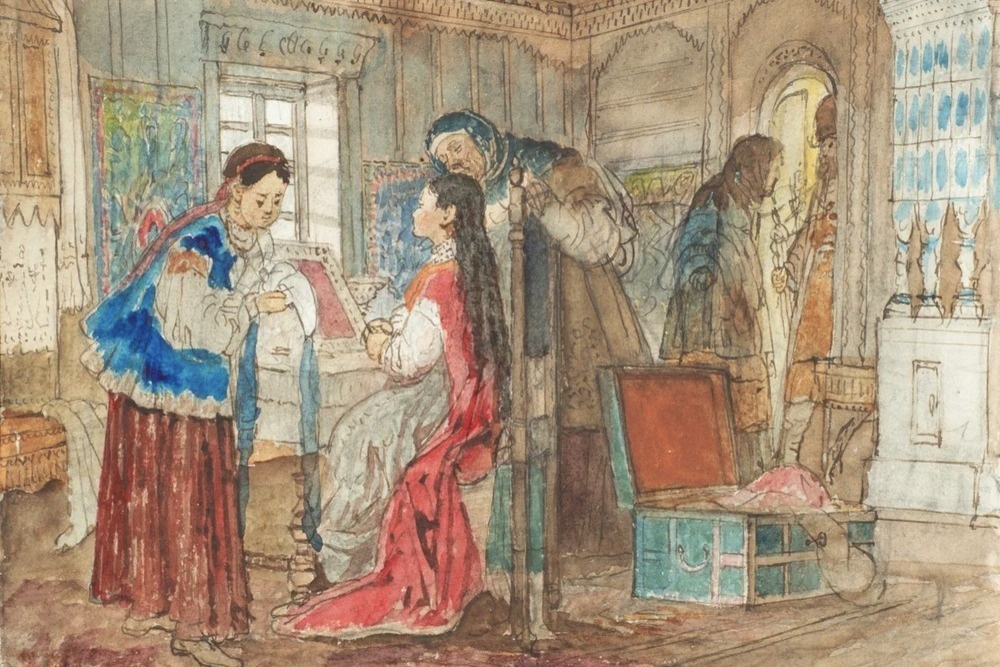 Еще одна русская традиция - сборы невесты на картине передвижника Алексея Корзухина.