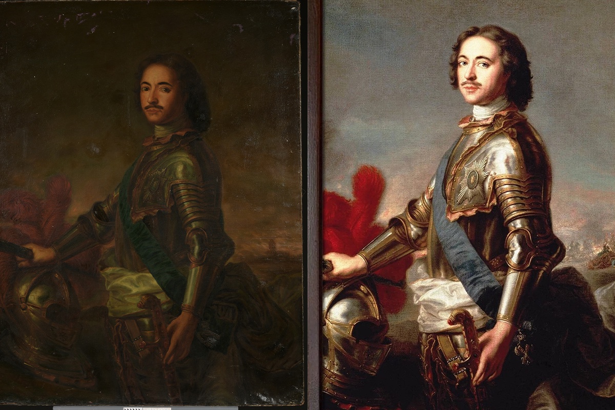 "Петр I в Выборге" до реставрации и оригинальный "Портрет Петра I" кисти Натье. "Петр I в Выборге" до реставрации и оригинальный "Портрет Петра I" кисти Натье.