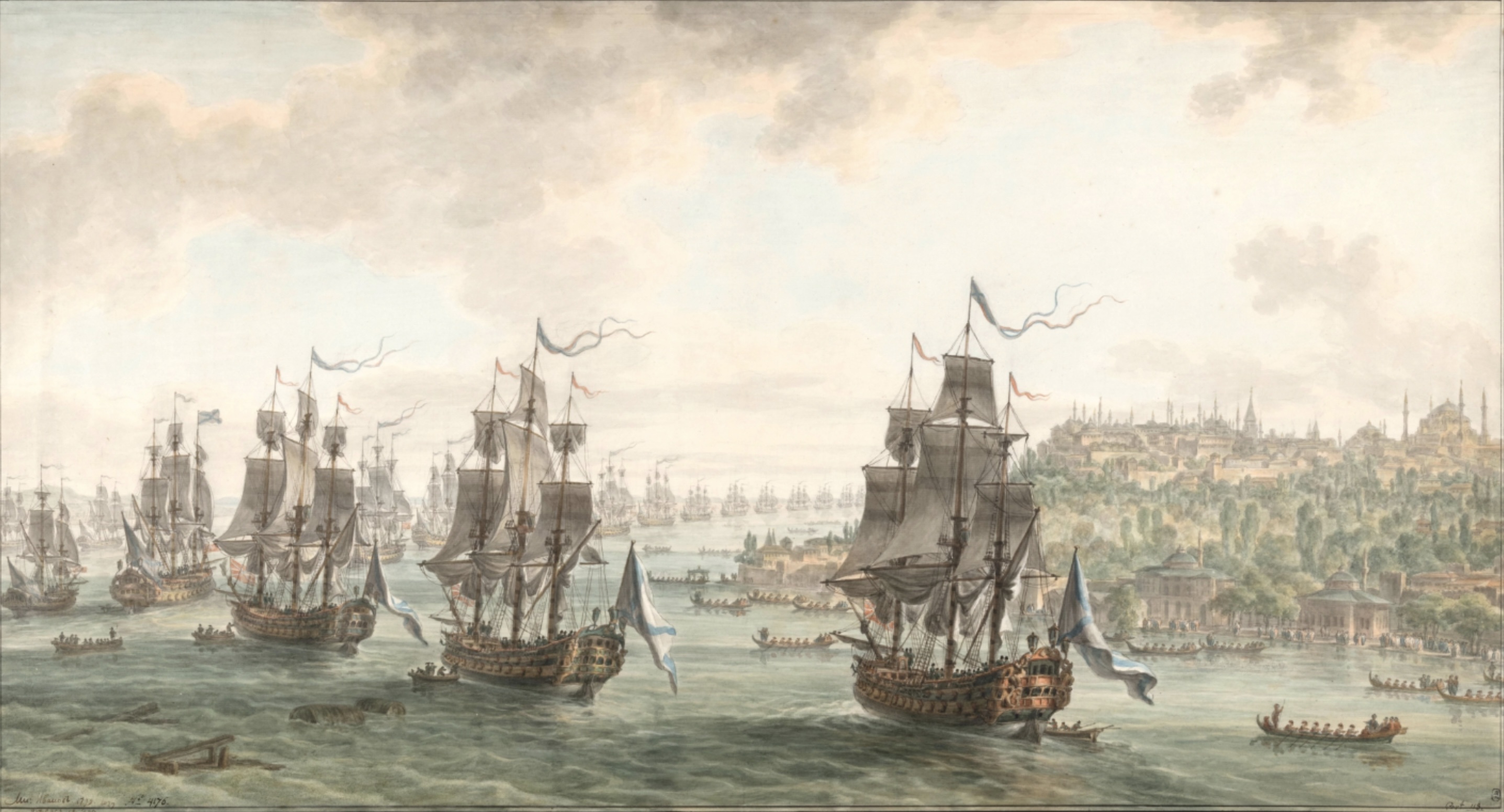 М. М. Иванов. Российская эскадра под командованием вице-адмирала Ушакова в Константинопольском проливе. Акварель. 1799 г.