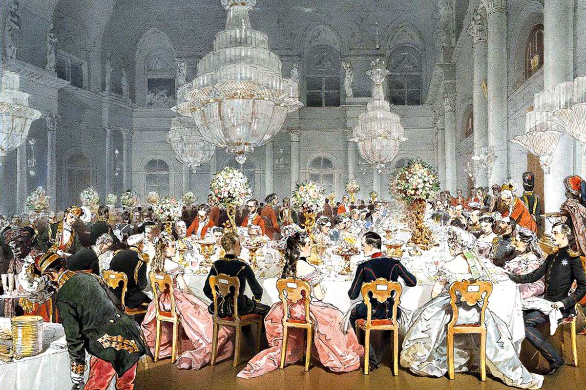 М. Зичи. Парадный обед в Концертном зале Зимнего дворца по случаю визита в Санкт-Петербург германского императора Вильгельма I. 1873 год.