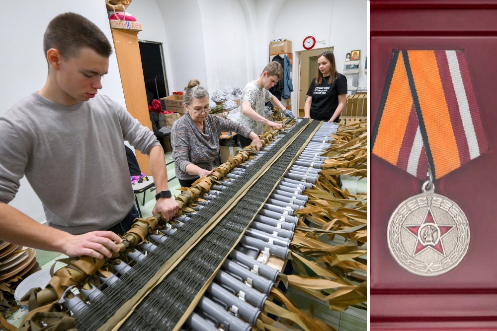 Волонтеры изготавливают маскировочные сети для бойцов специальной военной операции. И делают это они вовсе не для награды. На фото справа - медаль, которую обещают мошенники за участие в их афере.