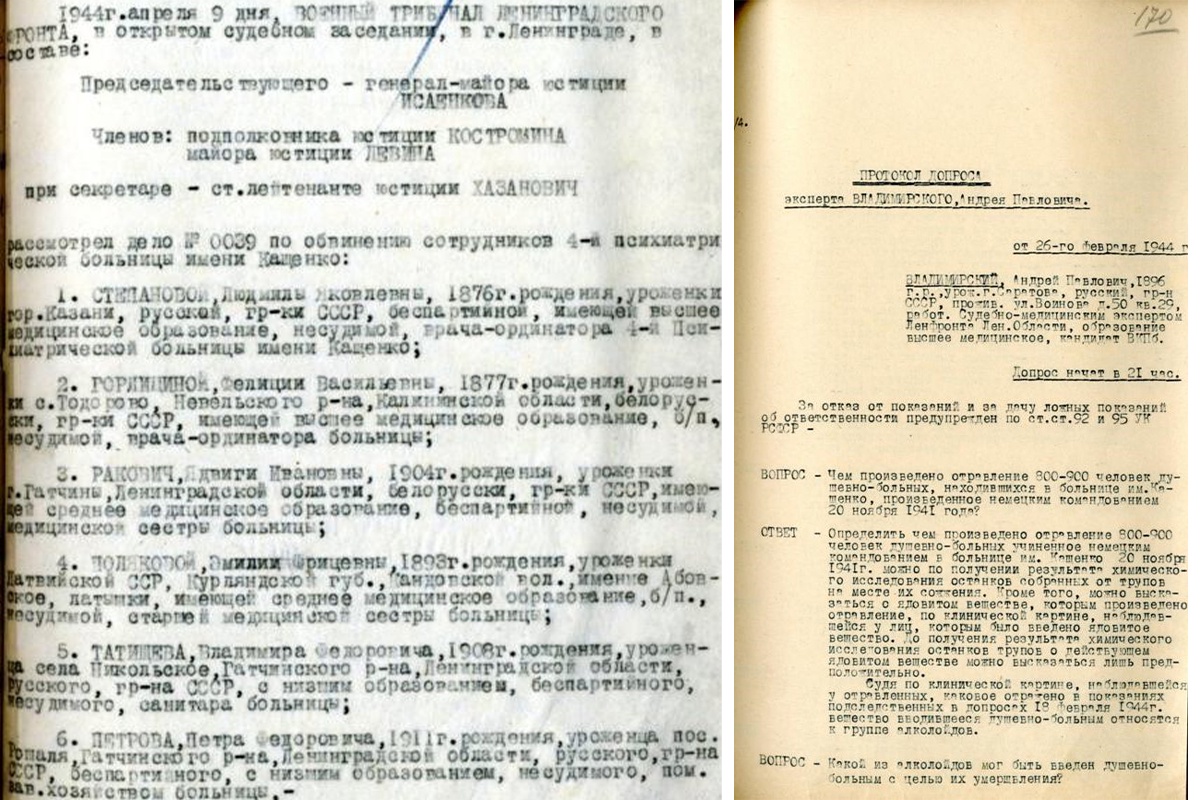 Согласно документам следствия и суда, семеро сотрудников больницы и еще один их пособник из числа местных жителей по указанию немецкого командования добровольно участвовали в убийстве душевнобольных. 