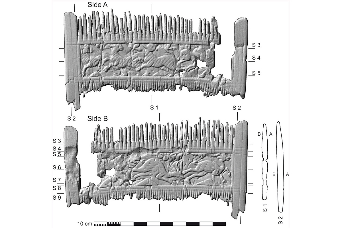 Гребень украшен с обеих сторон рельефными сценами с животными, что само по себе редкость - в тот период такие изделия чаще декорировали христианскими символами.