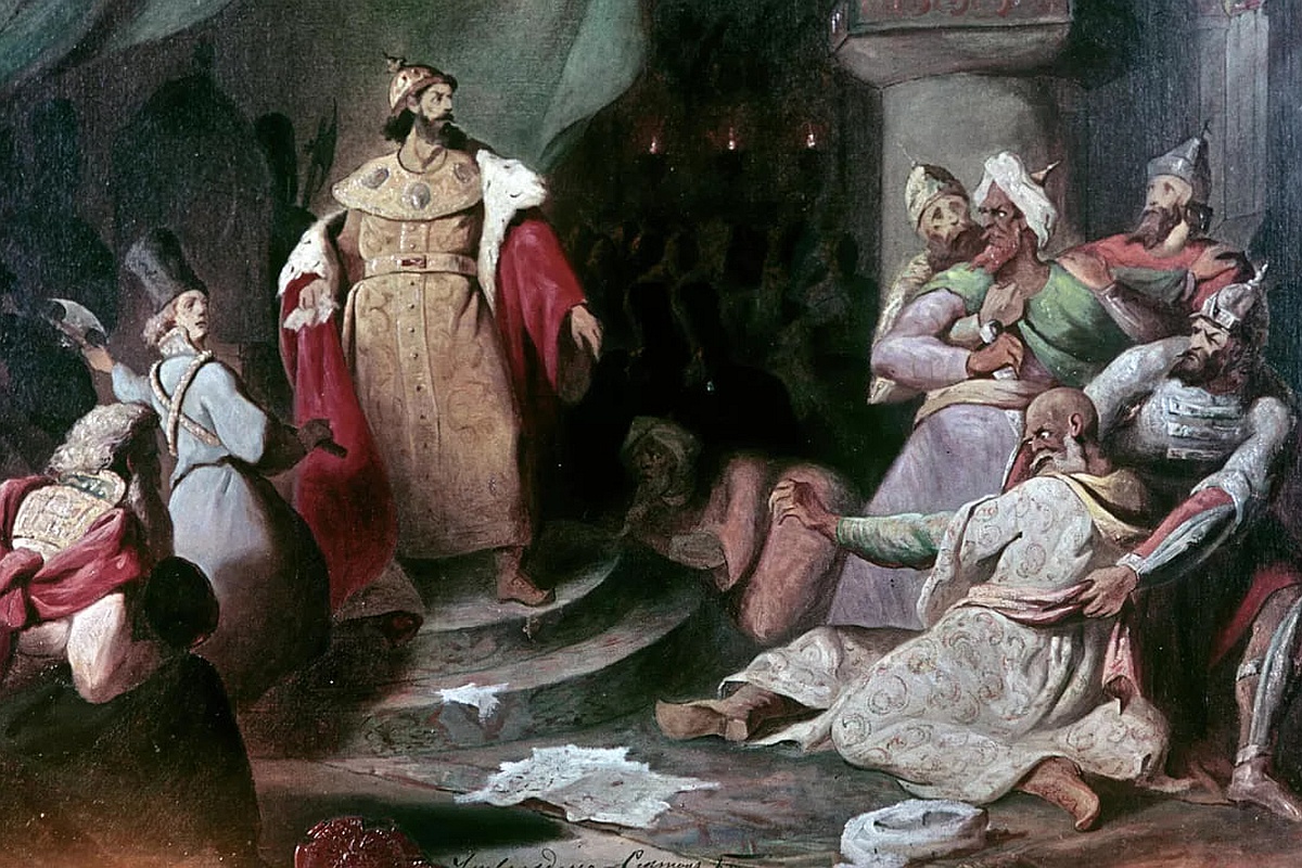  "Иван III разрывает ханскую грамоту с требованием дани". Репродукция картины художника Николая Шустова.