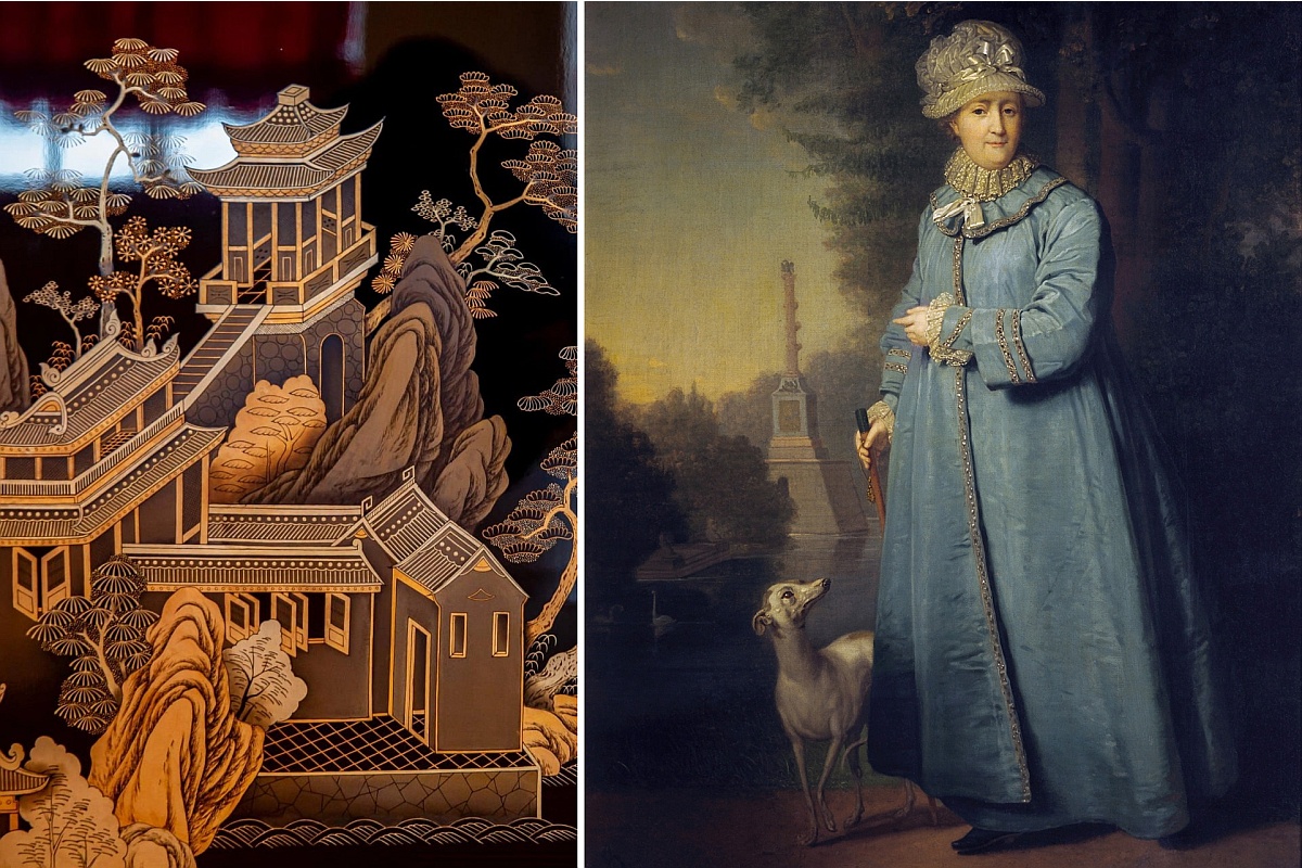  "Екатерина II с любимой левреткой на прогулке в Царскосельском парке", 1794 год. Слева - воссозданное панно из ее личных апартаментов.