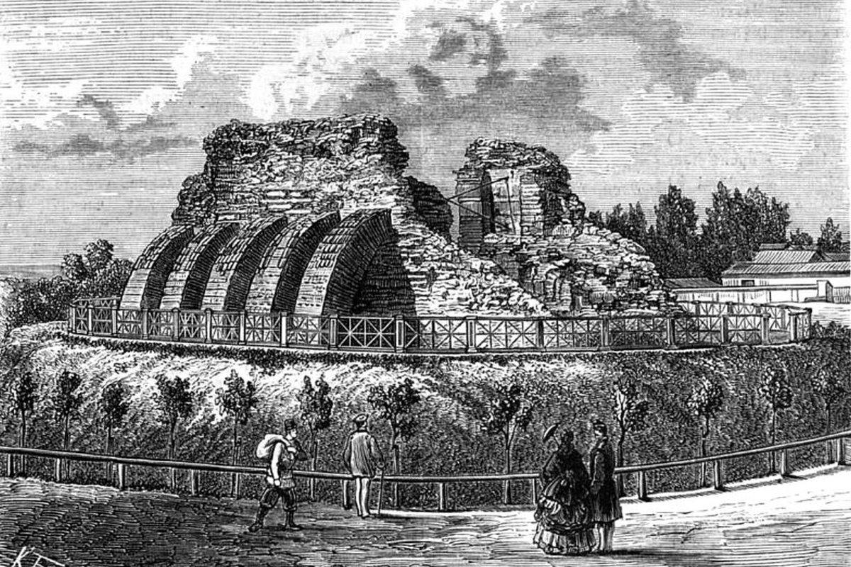 Киев. Развалины Золотых ворот. Гравюра Дамюллера с рисунка К. Брожа.