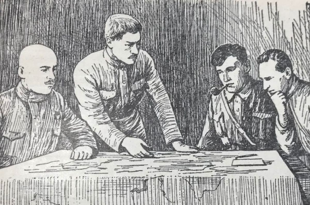 Главком армии Дальневосточной республики Василий Блюхер (слева) и члены военного совета Восточного фронта за разработкой плана Волочаевской операции. 