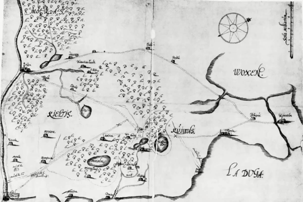 Карта с изображением Королевского почтового тракта на 1634 год.