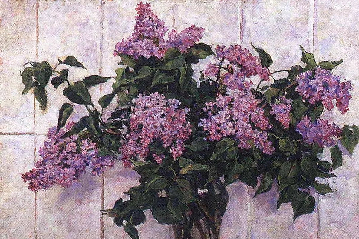 П. Кончаловский. Сирень в стеклянной банке на фоне печки. 1952