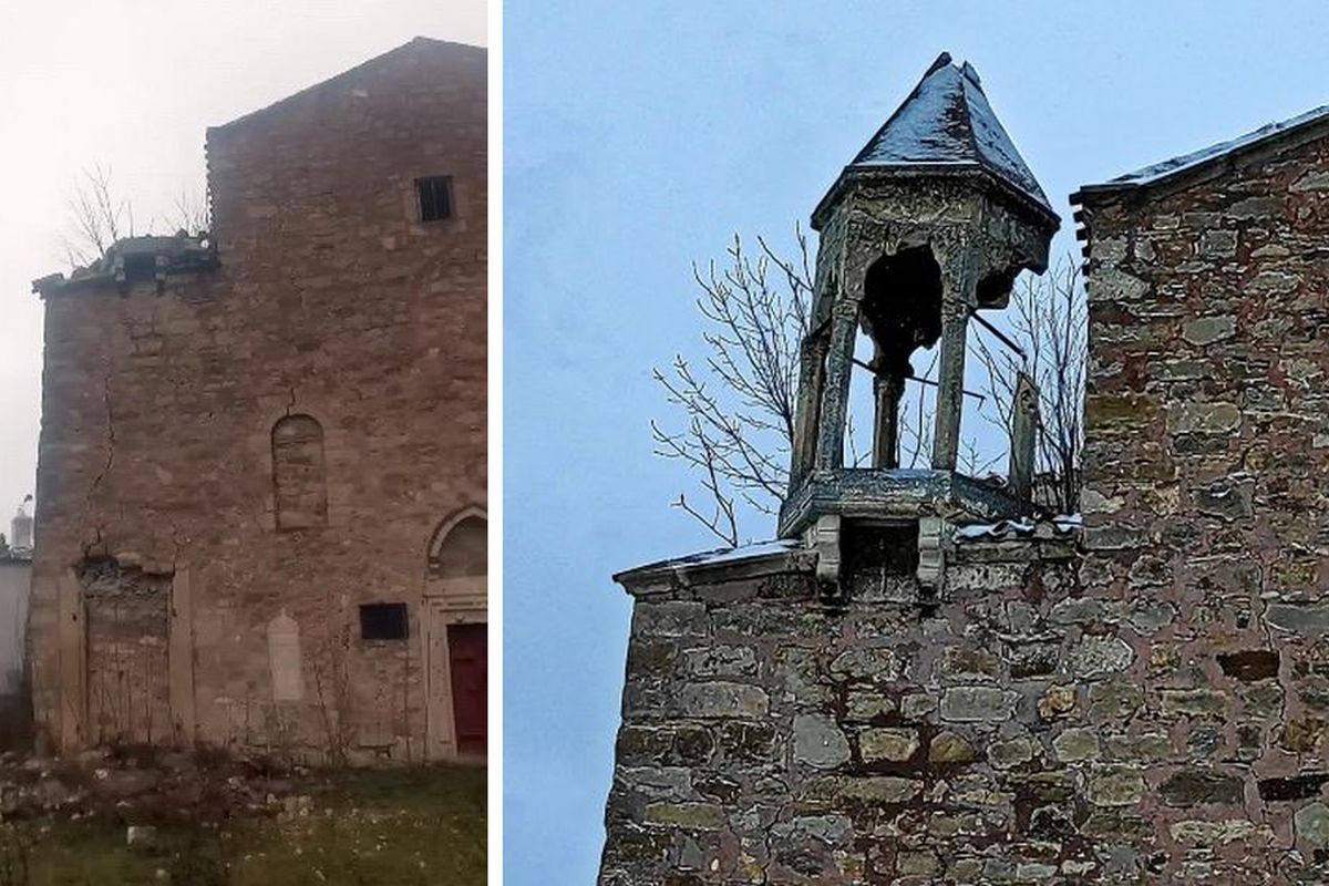 Звонница на древнем храме обветшала и обрушилась (на фото слева). Звонница на древнем храме обветшала и обрушилась (на фото слева).