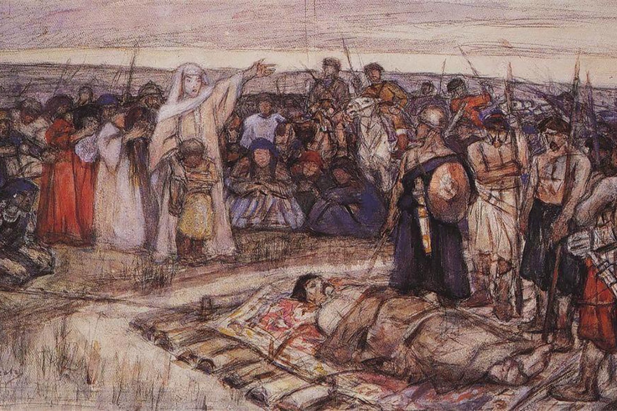 Княгиня Ольга встречает тело князя Игоря. Эскиз неосуществленной картины Василия Сурикова.