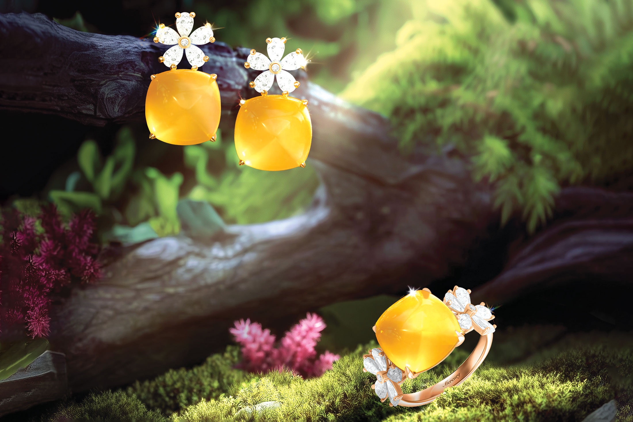 Коллекция включает в себя серьги, кольца и кулоны,  которые можно сочетать между собой. Холодные оттенки голубого халцедона и халцедона цвета морской волны подчеркнуты белым золотом. Теплота розового кварца и лунного камня эффектного желтого цвета обрамлена розовым золотом. Акцентом каждого  украшения стали бриллиантовые цветы.