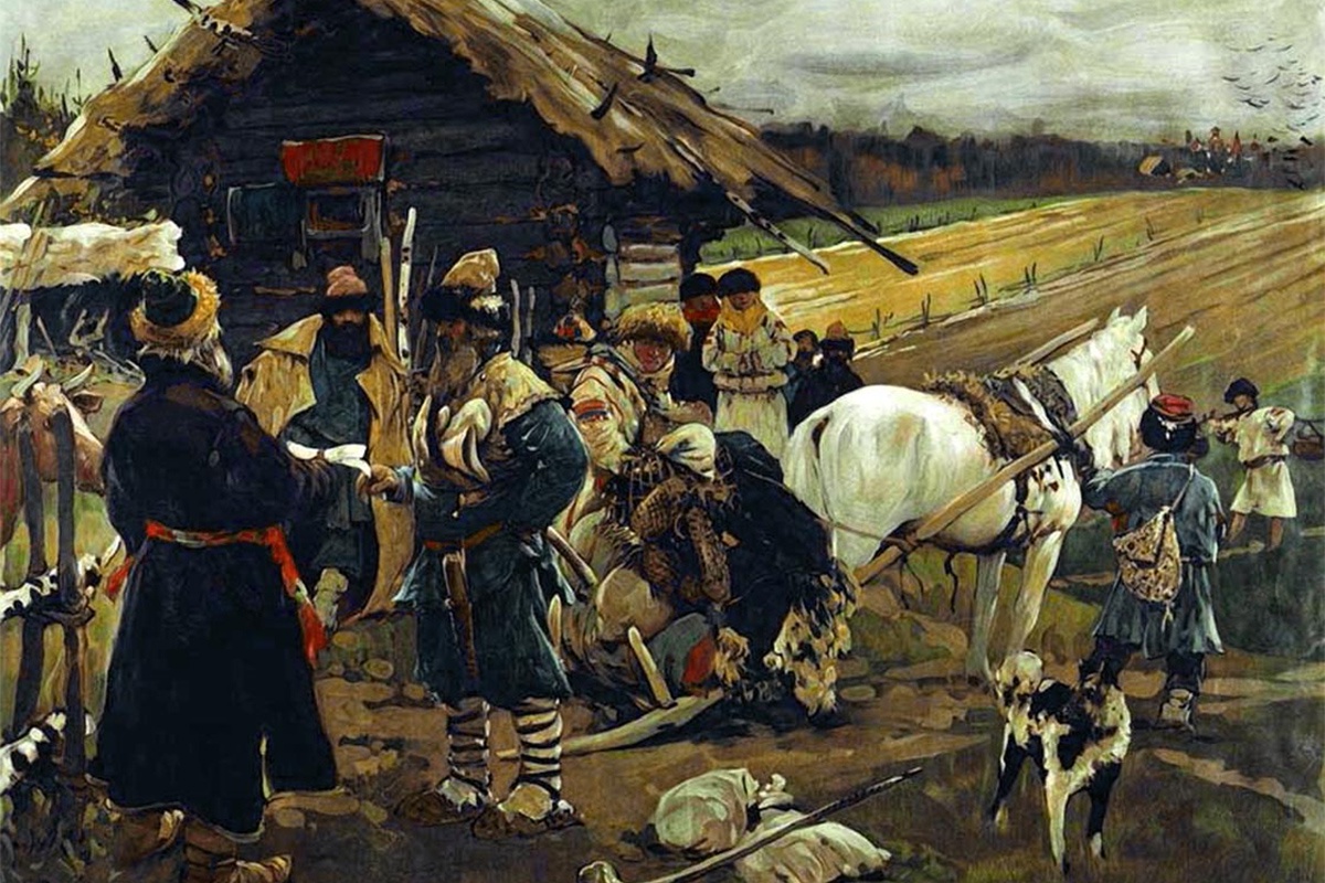 В XI-XVI веках Юрьев день был единственным днем года, когда крестьяне могли перейти от одного помещика к другому. На фото: работа Сергея Иванова "Юрьев день". 1908 год.