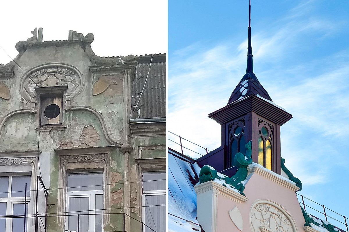 Фасад дома без башни с драконами (на фото слева) и после реставрации. Восстанавливали ее по старым фото.