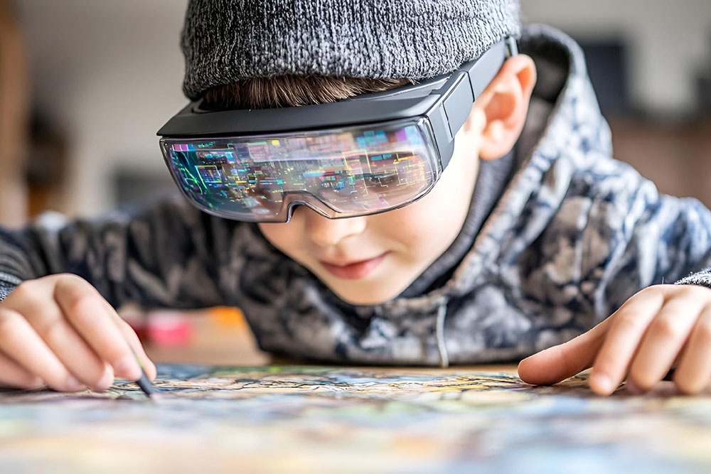 AR-технологии постепенно входят в образование: их используют в школах, университетах и на бизнес-тренингах. Ребенок рисует используя очки дополненной реальности.