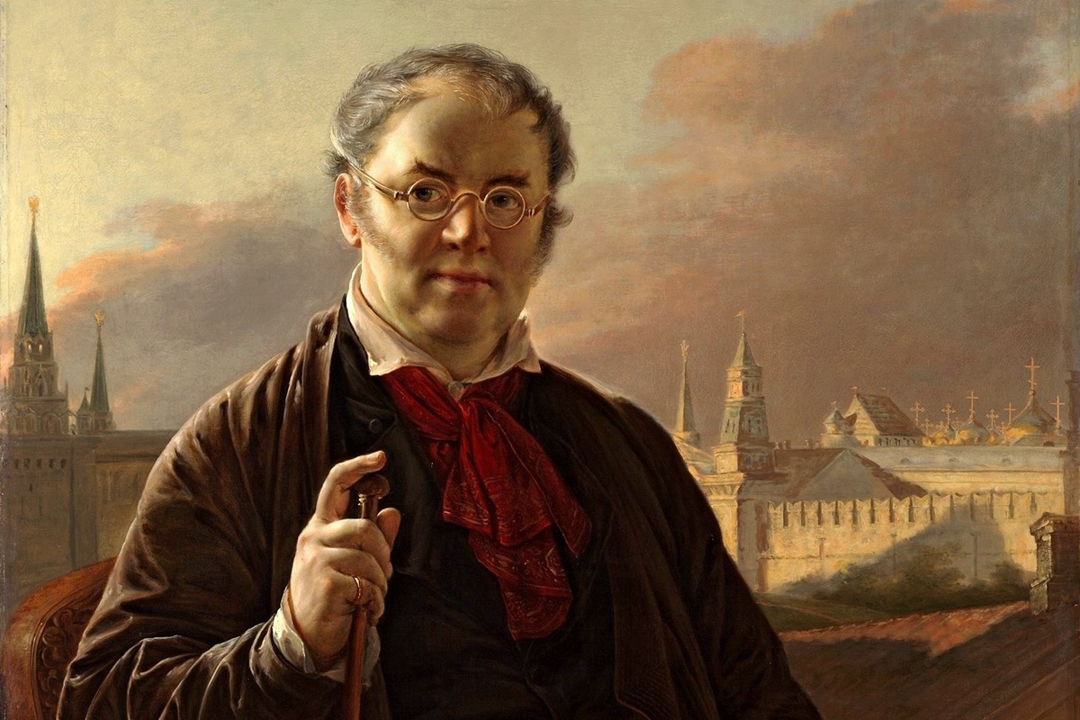 В. Тропинин. Автопортрет с кистями и палитрой на фоне окна с видом на Кремль. 1844